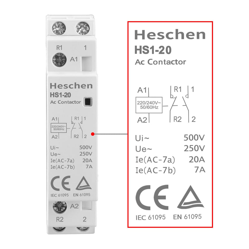 Heschen Household AC Contactor, HS1-20, Ie 20A, 2-Pin 1NO 1NC, 220/240V Coil Voltage, 35mm DIN Rail Mounting 230VAC 1NO 1NC 2P