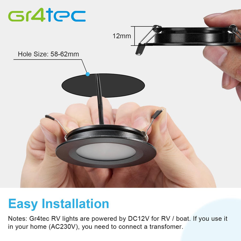 Gr4tec LED recessed spotlight 12V flat, 4 x spot LED dimmable IP44 3W warm white 3000K 84Ra, black cabinet light 12mm ultra flat, ceiling spots LED hole 58-62mm for motorhome caravan wardrobe black/4 x recessed spotlights (without transformer)