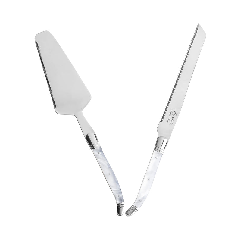 French Home Laguiole 2-Piece Cake Knife and Server Set – Luxurious Stainless Steel Cake Cutter & Server – Cake Cutting Set – Party, Home Dining, or Wedding Cake Knife and Server Set (Pearl White) Pearl White