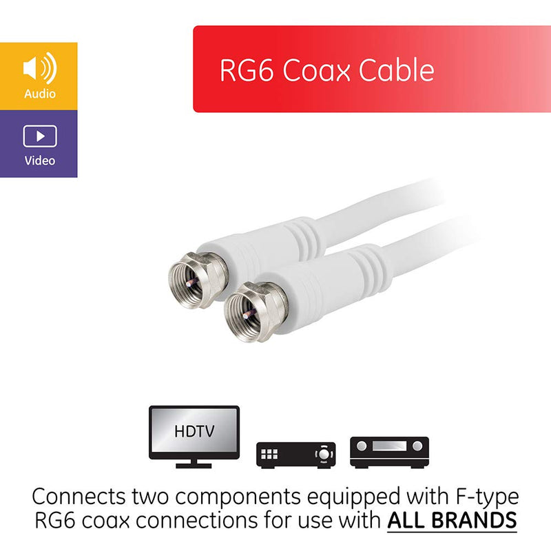 GE RG6 Coaxial Cable, 25 ft. F-Type Connectors, Double Shielded Coax, Input Output, Low Loss Coax, Ideal for TV Antenna, DVR, VCR, Satellite Receiver, Cable Box, Home Theater, White, 33604 25 Feet