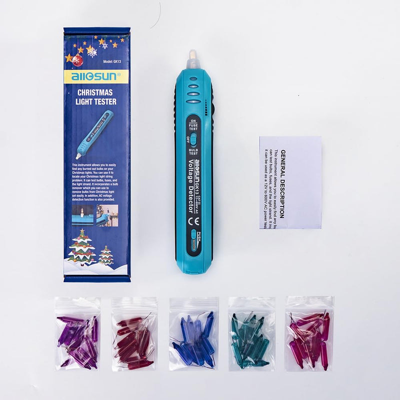 allsun Christmas Light Tester with 50pcs 2.5V Bulbs, Non-Contact Voltage Tester and Repair Tool, 12-600Vac Christmas Tree Light Tester for Holiday String Lights, Bulb and Fuse Checker Light Tester+50pcs Blubs, Christmas Light Repair Tools