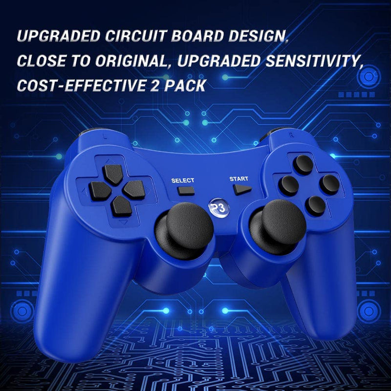 OKHAHA Controller 2 Pack for PS3 Wireless Controller for Sony Playstation 3, Double Shock 3, Bluetooth, Rechargeable, Motion Sensor, Remote for PS3 (No Stripes(Black + Blue)) No Stripes(Black + Blue)