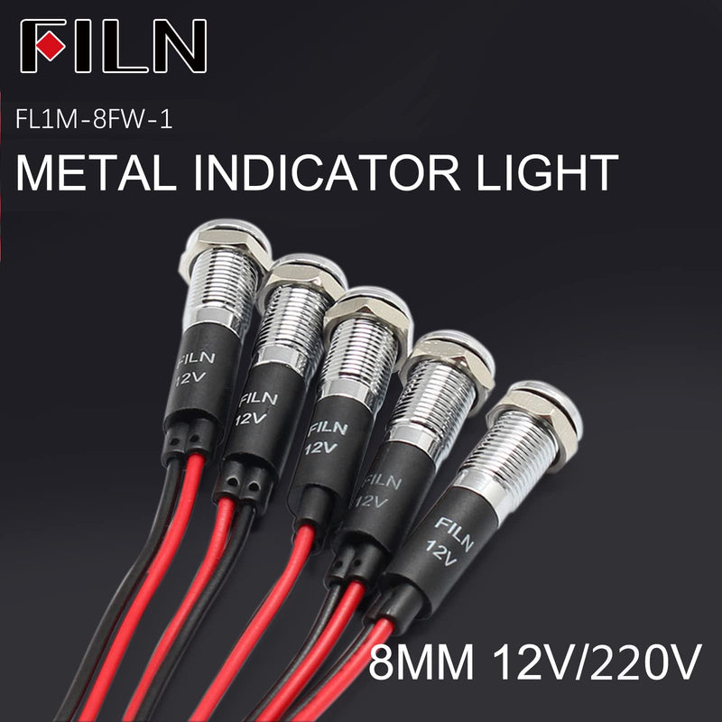 FILN 5pcs 8mm (5/16") 12V LED indicator light waterproof pilot signal lamp indicator light metal panel lights (black anodized, green 5 pieces) green black anodized-12V-5pcs