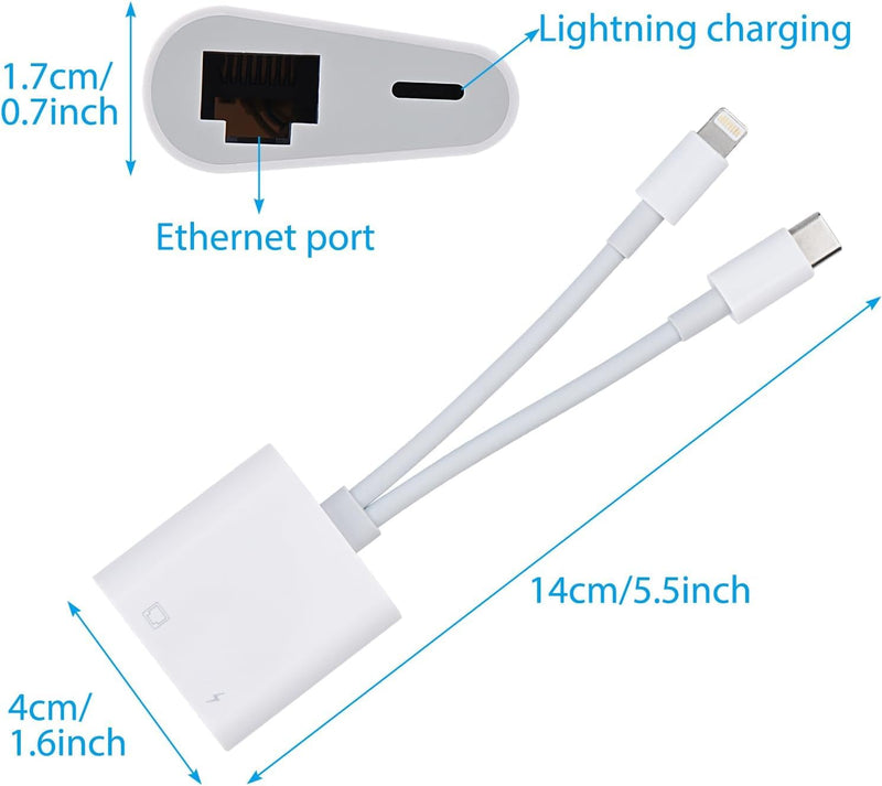 Lightning and USB C to Ethernet Adapter,2 in 1 RJ45 Ethernet LAN Network Adapter with Charge Port Compatible with iPhone/iPad/iPod/Samsung and More,Supports 100Mbps Plug and Play USB-C + Lightning