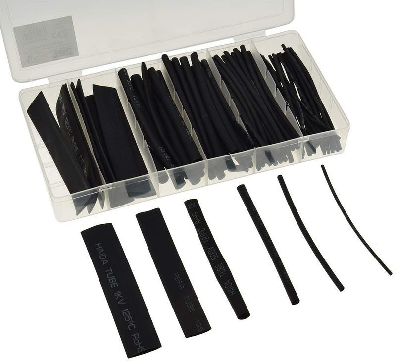 ChiliTec heat shrink tube set 100 pieces shrink tubes with shrink ratio 2:1 10cm long 6 sizes cable tube insulation I black
