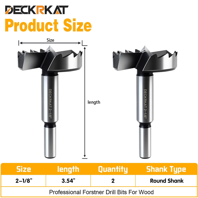 DECKRKAT 2-Piece 2-1/8" Forstner Drill Bits - Smooth Flat Bottom Drill Bits for Wood, Hard & Soft Wood Drilling, 3/8" Shank Fits Drills/Drill Presses. (54mm) 2-1/8"