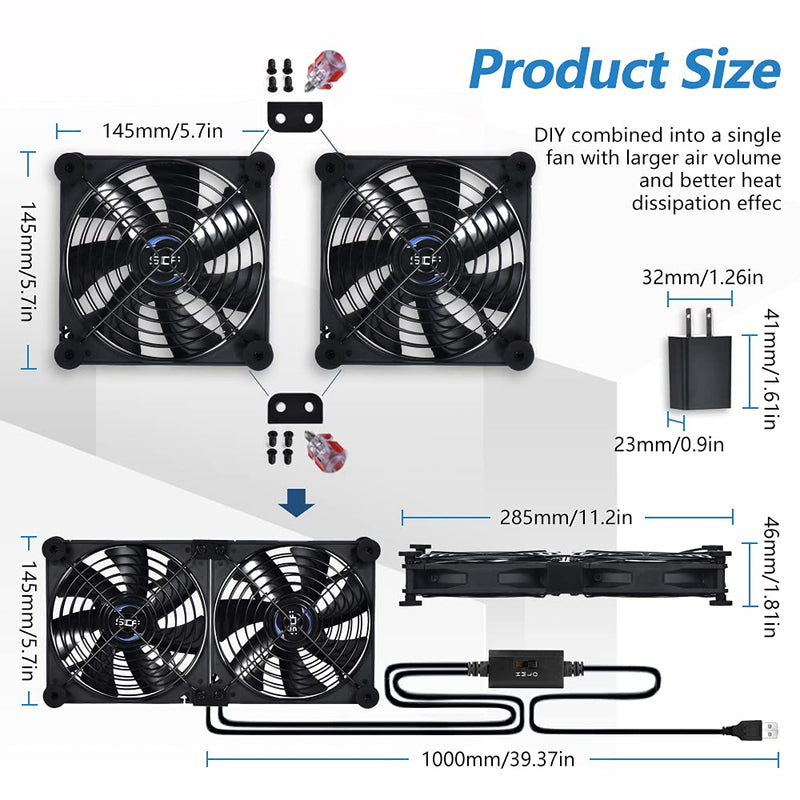 Dual 140mm USB Speed Control Fan, 5V Portable Cooling Fan for Flat-Screen TV Receiver Router DVR PlayStation Xbox Computer Cabinet Cooler USB 140mm fan+USB 5V adapter
