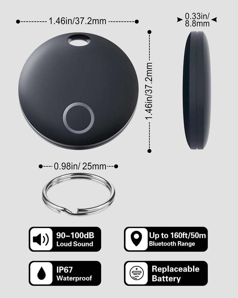 Reyke Smart Tag, Bluetooth Luggage Tracker. Works with Apple Find My (iOS Only), Item Locator for Key, Luggage, Backpack, Wallet, IP67 Waterproof, 2 Pack- Black