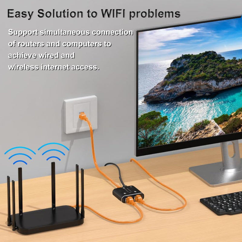 3 Port Ethernet Splitter - 1 in 2 Out High Speed 1000Mbps Gigabit Ethernet Splitter with USB Power Cable for Cat5/5e/6/7/8 Cable 3 Port Ethernet Splitter