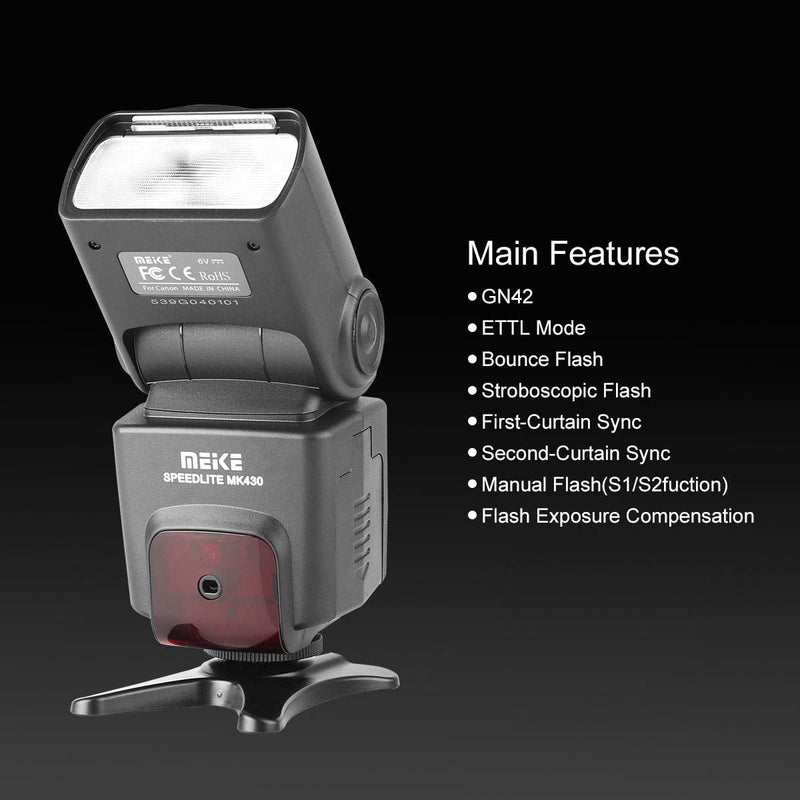 Meike MK430C E-TTL Speedlite Shoe Mount Flash Compatible with Canon 70D 77D 80D Rebel T7i T6i T6s T6 T5i T5 T4i T3i SL2 and Other EOS DSLR Cameras with Standard Hot Shoe