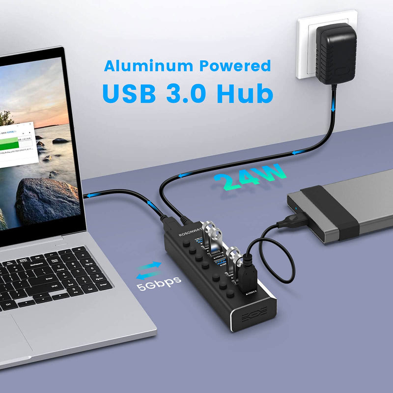 USB Hub 3.0 Powered Rosonway Aluminum 7 Ports USB 3.0 Data Hub Splitter with 24W (12V/2A) Power Adapter and Individual On/Off Switches USB Port Expander for PC and Laptop (RSH-A37S) 7-Port Powered USB 3.0 Hub