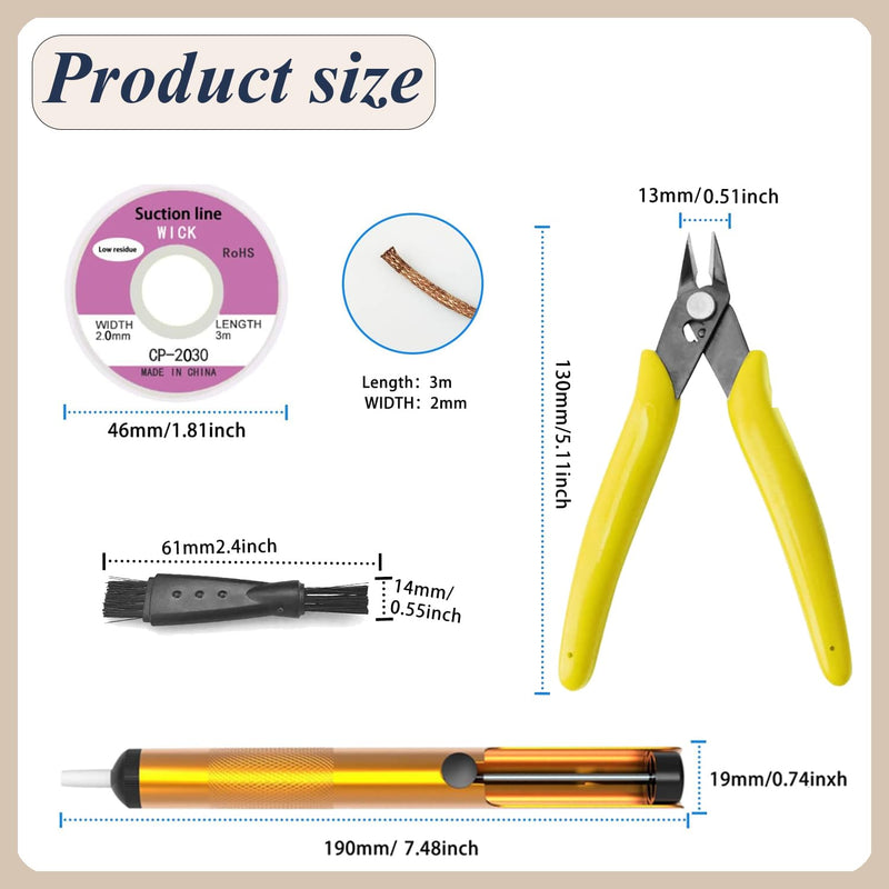 Solder sucker desoldering pump, solder sucker desoldering wick kit, including micro shear wire cutter pliers with pliers sheath, 3pcs desoldering wicks (2mm width, 3m length), 2pcs cleaning brush