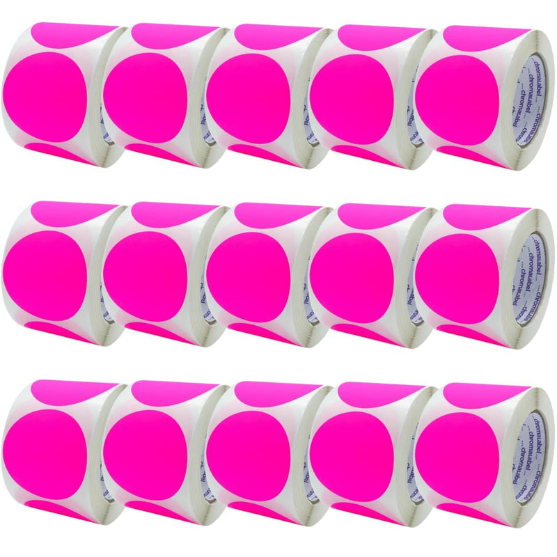 ChromaLabel 3 Inch Circle Sticker Labels, High Visibility Round Sticker Labels, Removable Sticky Dots - 500 Colored Dot Stickers per Roll, Fluorescent Pink - Case of 15