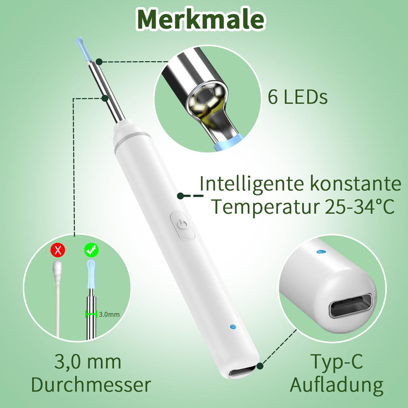 Earwax Remover Ear Camera, AZHE 1920P Wifi Ear Cleaner, 3.0 mm Ear Cleaner IP67 Waterproof, Wifi Ear Cleaner for iPhone, iPad and Android Smartphones (White) White