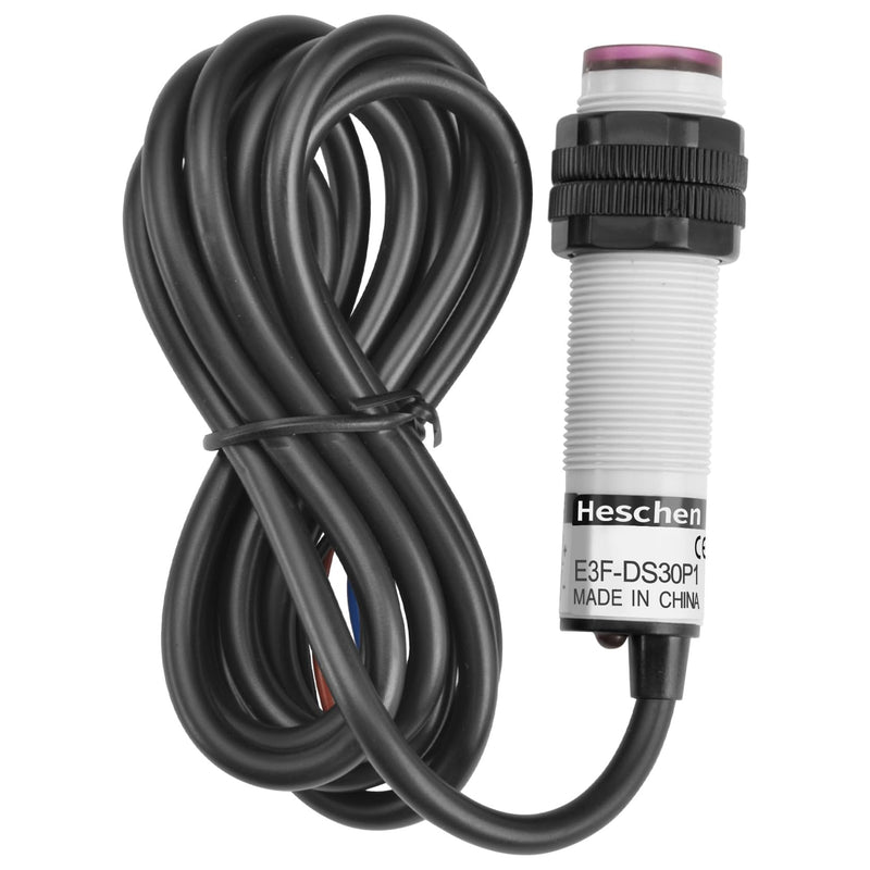 Heschen M18 Column Infrared Photoelectric Proximity Switch, Diffuse Reflection Type, E3F-DS30P1, Detection Distance 10-30cm, 10-30VDC 200mA, PNP Normally Open (NO), 3 Wires