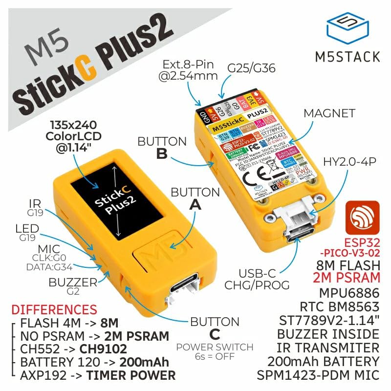 M5Stack M5StickC PLUS2 ESP32 Mini IoT Development Kit (includes Watch & Wall mounting Accessories), Yellow