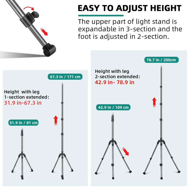 Extendable Photography Light Stand, Adjustable 6.6ft/2m Aluminum Light Tripod Stand for Travel, Reversible Portable Studio Lighting Tripod for Ring Light Camera Flash Light Strobe Light Webcam Softbox