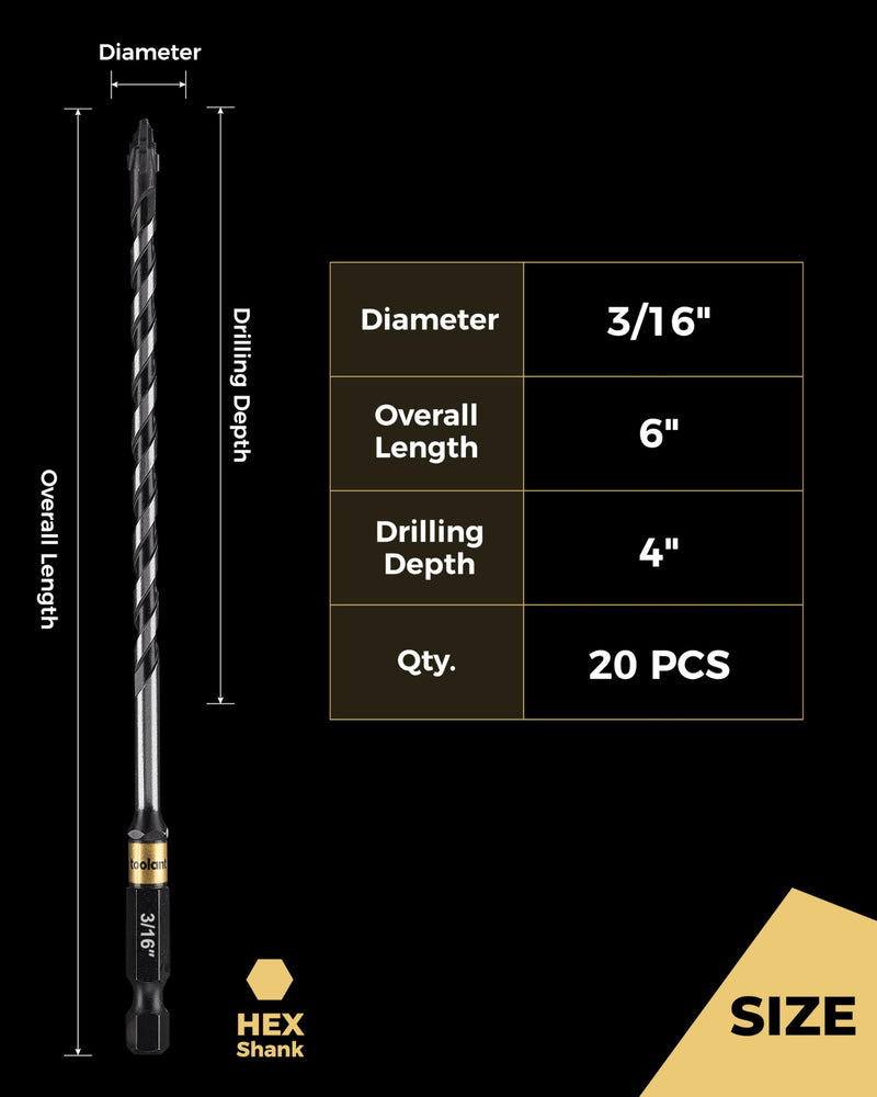 toolant 3/16" Serrated Eccentric Masonry Drill Bit Set(20pcs),Four Edge Concrete Drill Bits for Glass, Tile, Brick, Cement Concrete Plastic,Industrial Strength Carbide Drill Bit Tip 3/16"(20pcs)