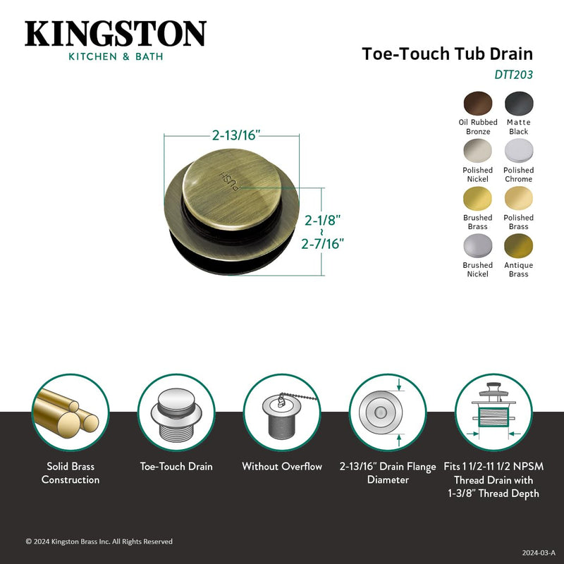 Kingston Brass DTT201 Tip-Toe Tub Drain, Polished Chrome