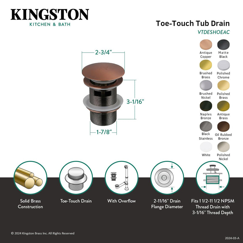 Kingston Brass VTDESHOEORB Trimscape Toe-Touch Tub Drain with Overflow, Oil Rubbed Bronze