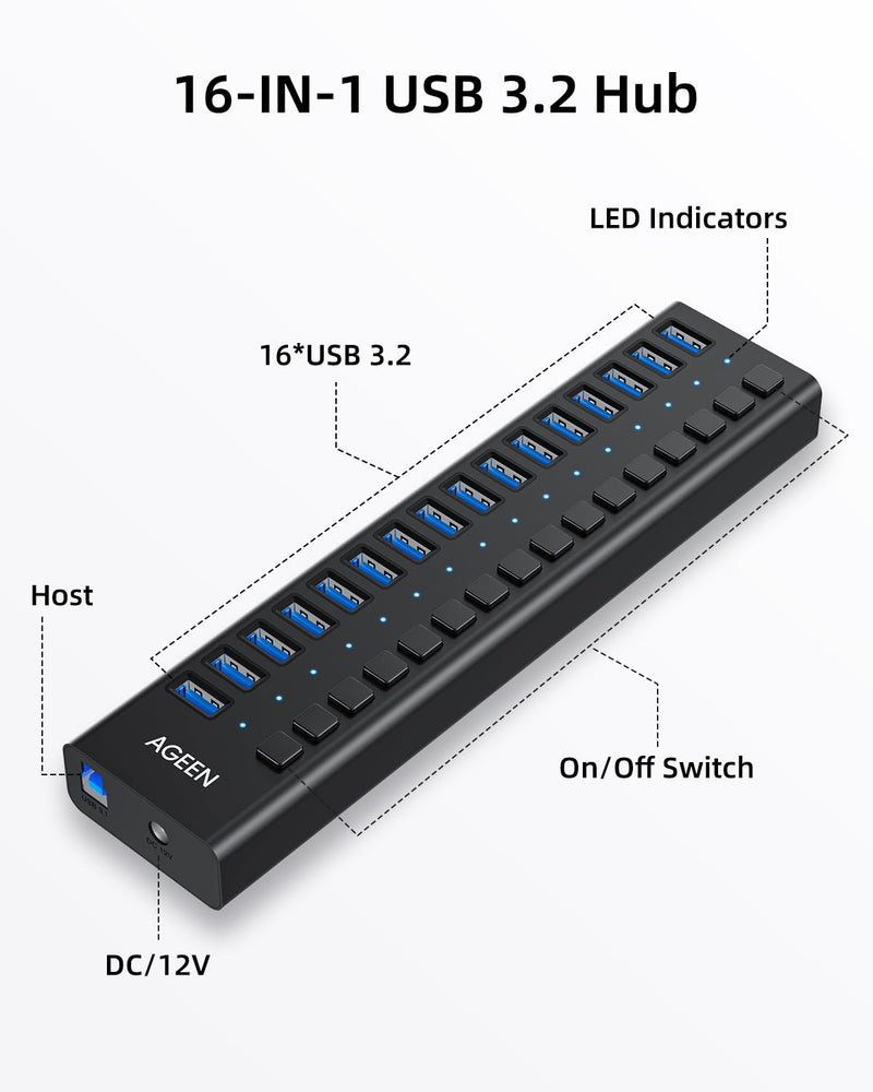 AGEEN 16-Port USB 3.2 Gen 2 Hub, 10Gbps High-Speed Aluminum Powered Hub with 96W Adapter, Individual Switches & Surge Protection for PC/Laptop, Flash Drive, Printer, Camera