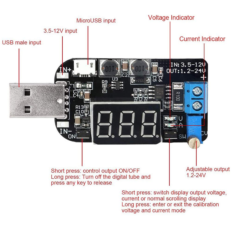 Youmile DC-DC Digital USB Buck Boost Converter Module 5V to 3.3V 9V 12V 18V 24V Adjustable Voltage Regulator Power Supply Module with USB Extension Cable