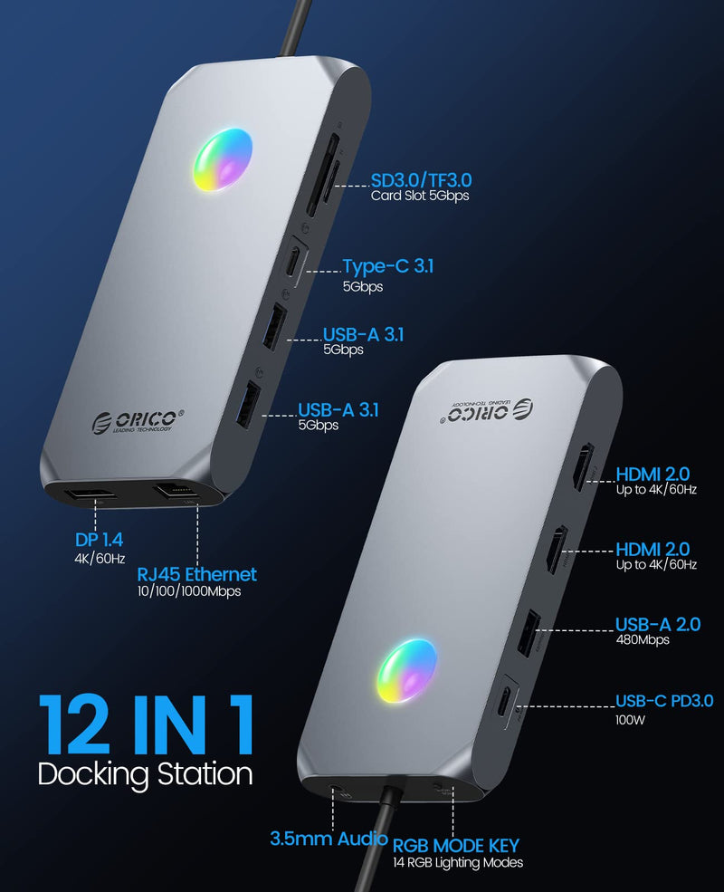 Docking Station USB C to Dual HDMI Adapter, ORICO 12 in 1 RGB USB C Hub with Dual HDMI, DP 1.4, 100W PD, Ethernet, 4 USB Ports, SD/TF, Audio, 14 RGB Lighting Modes, Compatible for Windows/Mac OS（Grey） X3 Grey