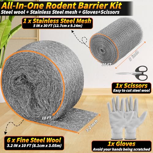 Steel Wool Mice Control, 6 Pack 3.2" x60 FT #1 Steel Wool & 1 Pack 5" x30 FT Stainless Mesh Gap Filler, Mouse Hole Filler DIY Kit, Rodent Barrier Kit for House Garden Pipeline Polishing Chrome Glass