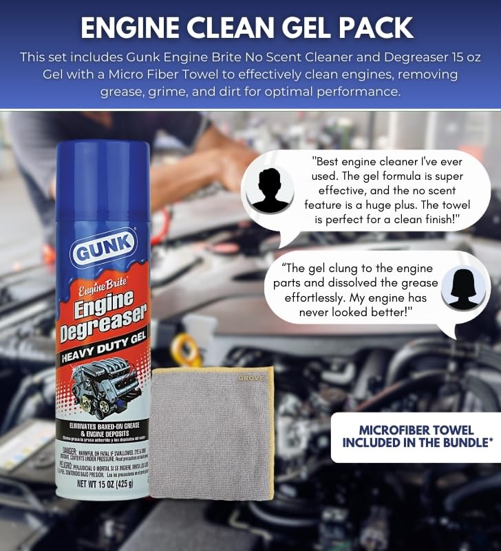 Gunk Engine Degreaser Gel 15 oz Bundle with Microfiber Cloth - Heavy Duty Engine Cleaner for Removing Baked-On Grease and Oil from Hot Engines - (2 Items)