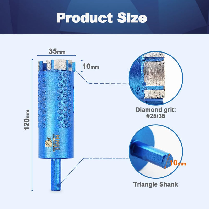 Diamond Core Drill Bit,BRSCHNITT 1 3/8 Inch Laser Welded Diamond Hole Saw for Granite Marble Solid Block Stone Reinforced Concrete,Dry or Wet Drilling Triangle Shank(35mm) 1 3/8"(35mm）Triangle Shank