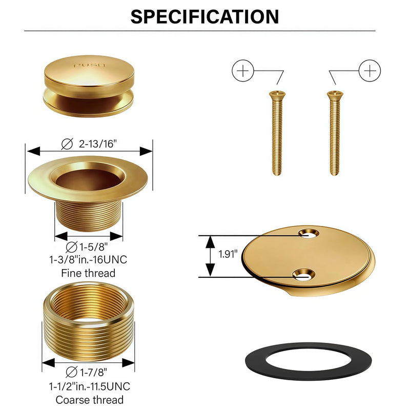 Tub Drain Tip-Toe Trim Set with Two-Hole Overflow Faceplate,Bath Tub Drains Conversion Kit with Universal Fine/Coarse Thread,Brushed Gold Replacement Bathtub Drain Stopper Assembly