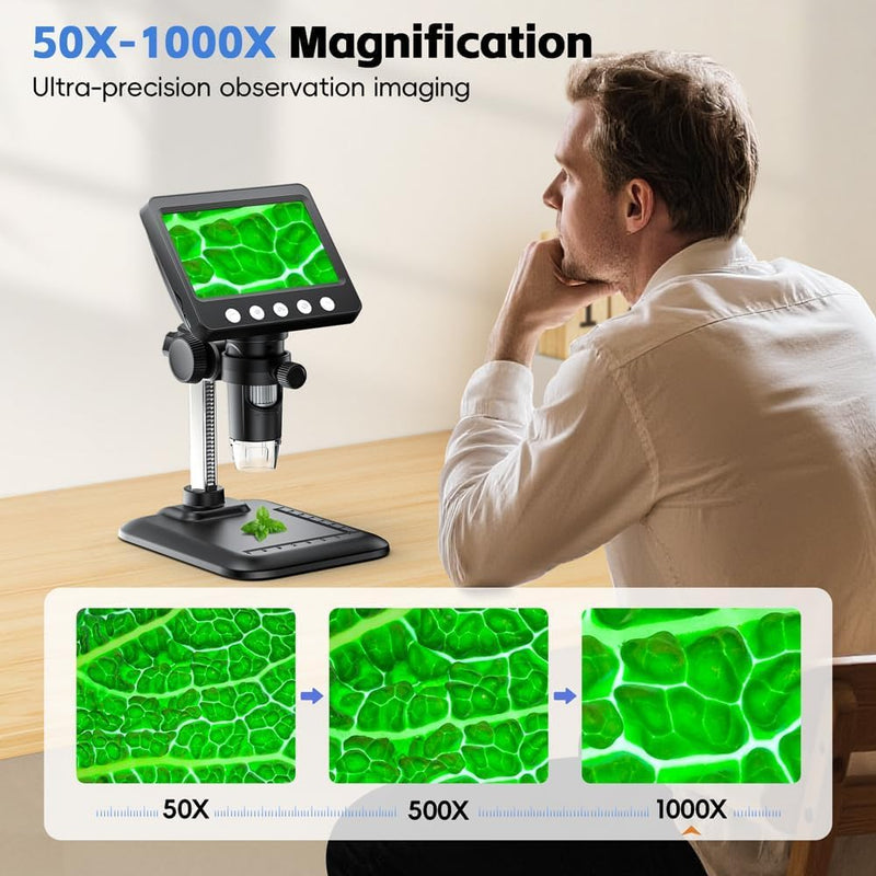4.3" Digital Microscope for Adults, SKYEAR Coin Microscope 1000X Magnification with 8 Ajustable LED Fill Lights, USB Microscope for Windows/MacOS, Coin Collection Supplies-Black Black