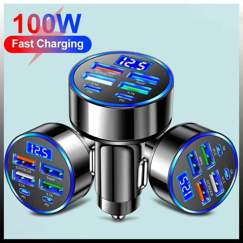 6-in-1 Multi-Port Car Charger with Voltage Detection, 2PD+3USB+QC3.0 Fast Charge Cigarette Lighter Plug Adapter Compatible with iPhone,Android,Samsung,iPad Pro and More