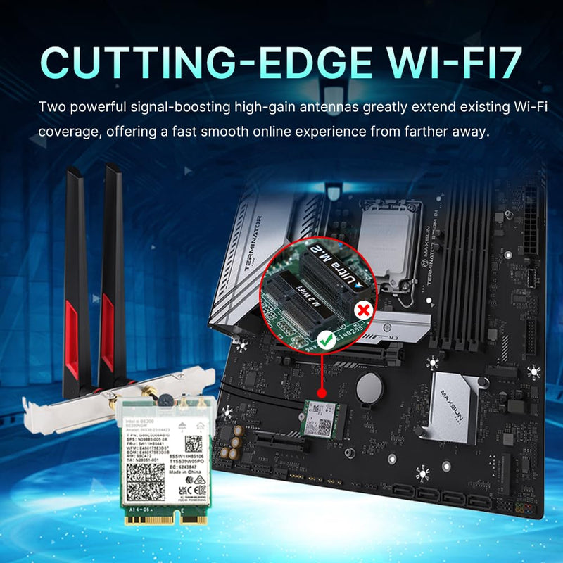 WiFi 7 Card for Desktop PC, BE200 Tri-Band 6GHz up to 8774Mbps, BT 5.4, Includes 10DBi High-Gain Gaming Antennas, for Intel Motherboards Windows 10/11 (No AMD Support)