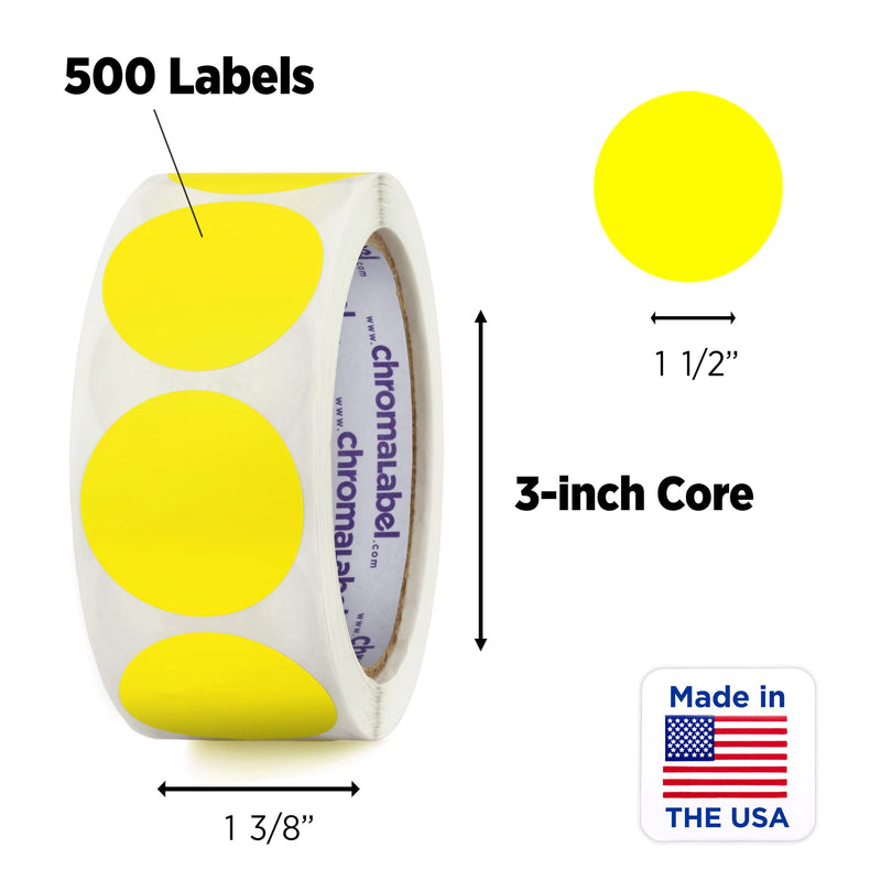 ChromaLabel 1.50 Inch Round Label Removable Color Code Dot Stickers, Inventory Label, 500 Labels per Roll, Yellow