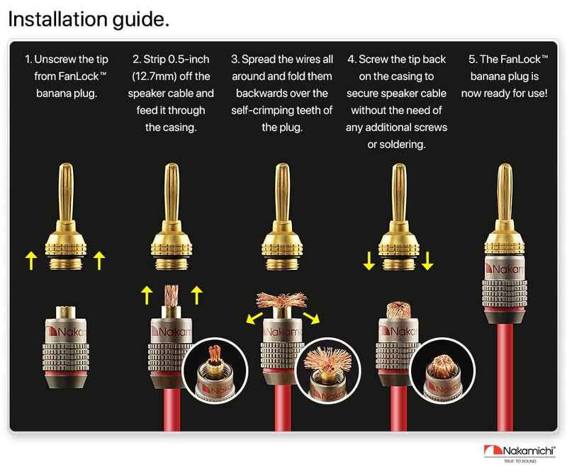 Nakamichi FanLock Excel Series 24k Gold Plated Banana Plug 10 AWG - 18 AWG Gauge Size 4mm for Speakers Amplifier Hi-Fi Stereo Home Theatre Radio Audio Wire Cable Quick Connector, 16 Pcs (8-Pairs) 16 Pcs (8-Pairs)