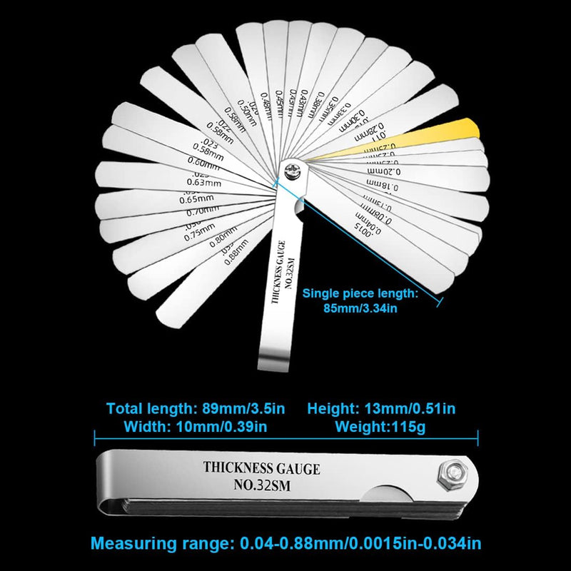 Feeler gauges, valve gauge, distance gauge, 32 blades, high-precision feeler gauge, stainless steel with dual marked metric and imperial gap measuring tool. 95*15*14MM
