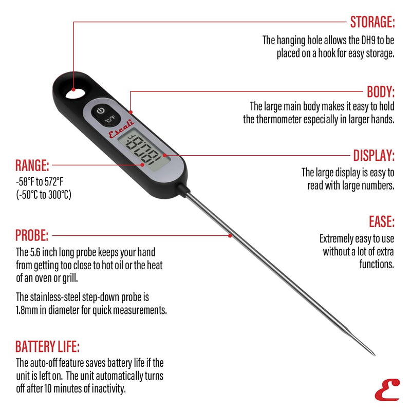 Escali Long Stem Digital Thermometer for Meat, Frying, Cooking, Candy and Kitchen Use, Extra Long 5.6-Inch Probe, Black Digital Black