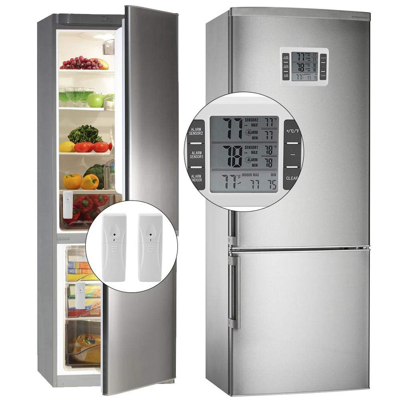 Fridge Thermometer, Digital Freezer Thermometer, with 2 sensors and Acoustic Alarm, Refrigerator Freezer Inside Outside Thermometers, for Kitchen Home Motorhome