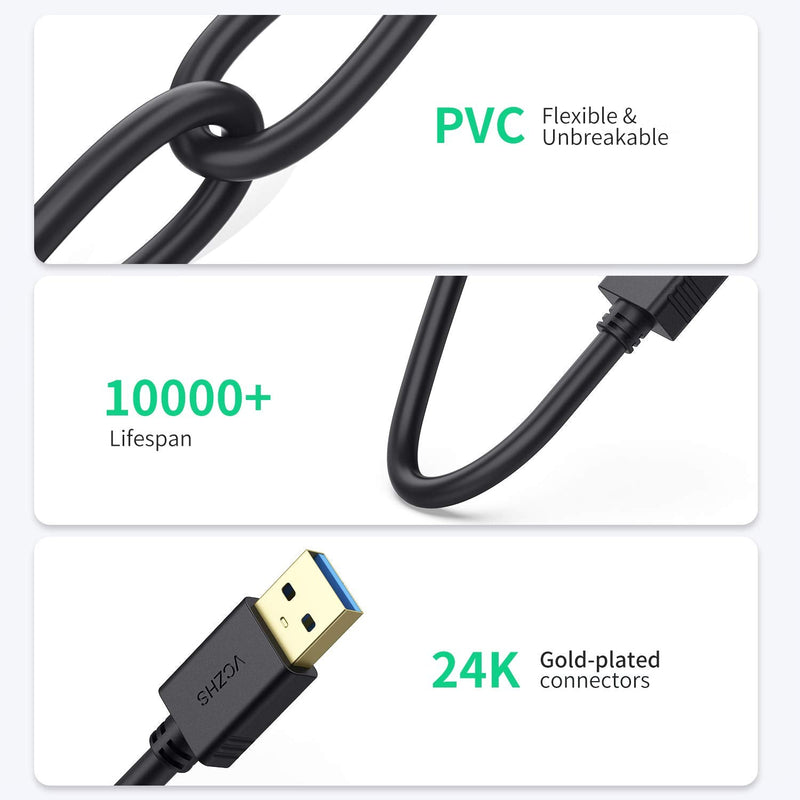 VCZHS Tech 25 ft USB Extension Cable - High Speed USB 3.0 Extender Male to Female Cord, Durable & Flexible for Mouse, Keyboard, Printer, Flash Drive, Webcam, and More 25FT Black
