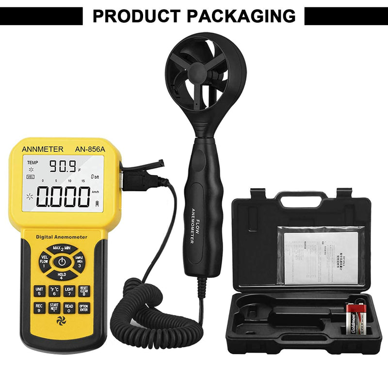 Handheld CFM CMM wind speed meter, separate anemometer measuring air flow speed temp meter for HVAC with data set MAX MIN AVG(AIOMEST AI-856A) AI-856A CFM anemometer w/ USB connect