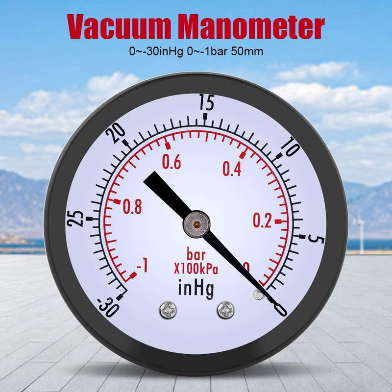 Oumefar 0-30inHg vacuum pressure gauge 0-1bar 50mm mini dial air vacuum pressure gauge 1/4" BSPT thread pressure gauge 1/4 inch BSPT rear mounting
