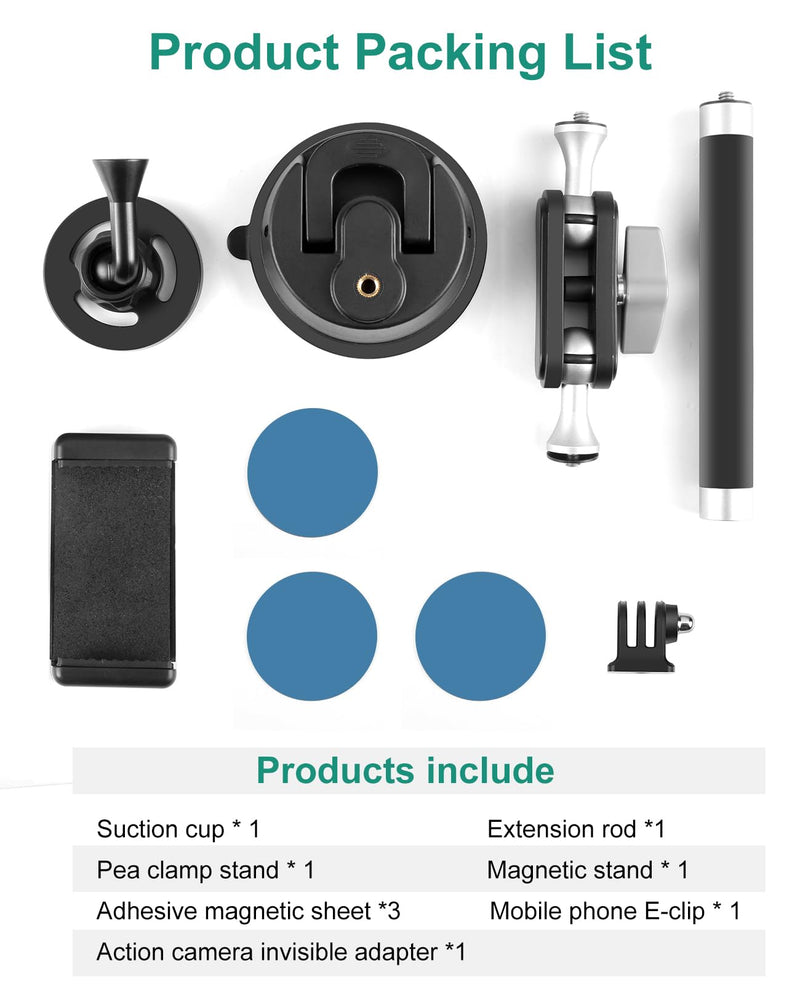 PULUZ Magnetic Cell Phone Car Suction Cup Mount，360°Adjustable Double Ball Head Car Suction Cup Holder with Phone Clamp and Action Camera Mount Adapter Use for Windshield Auto Suction Cups Camera & Phone Suction Cup Mount B