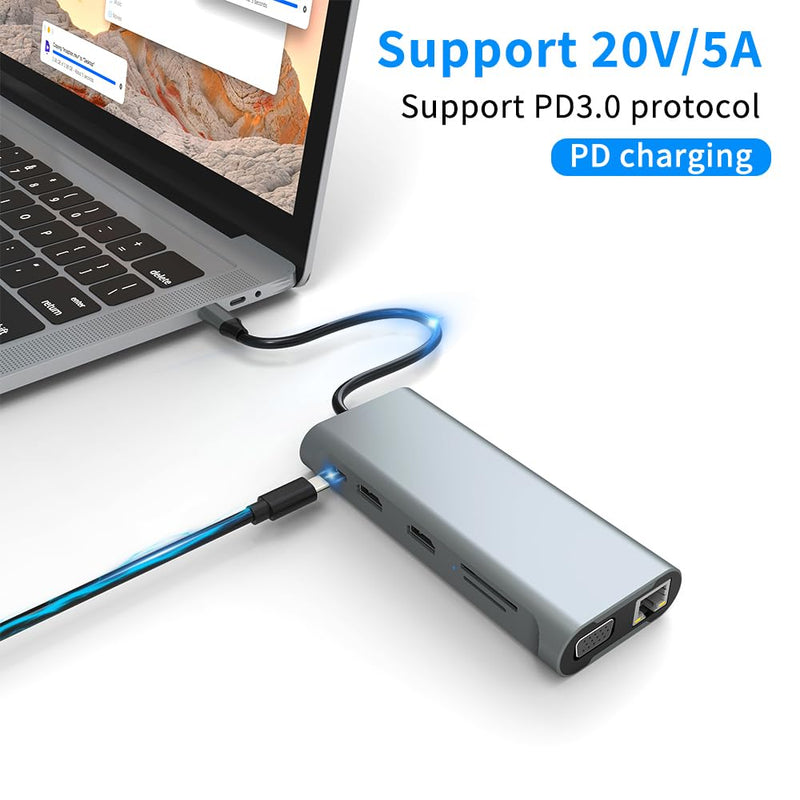 USB C Hub 11 in 1 Docking Station with HDMI, SD/TF, USB 2.0, USB 3.0,VGA, RJ45 Ethernet Ports,100W PD, Triple Display or Dual Monitor with 2 HDMI +VGA,for Dell HP Lenovo Surface MacBook Laptop