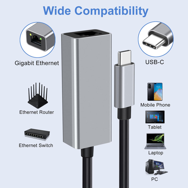 Adesso AUH-5000 USB-C to Ethernet Network Adapter - Gigabit Speed, Aluminum Alloy Case, LED Indicator, Plug & Play, Compatible with Windows, Mac OS, Chrome OS, Linux - TAA Compliant