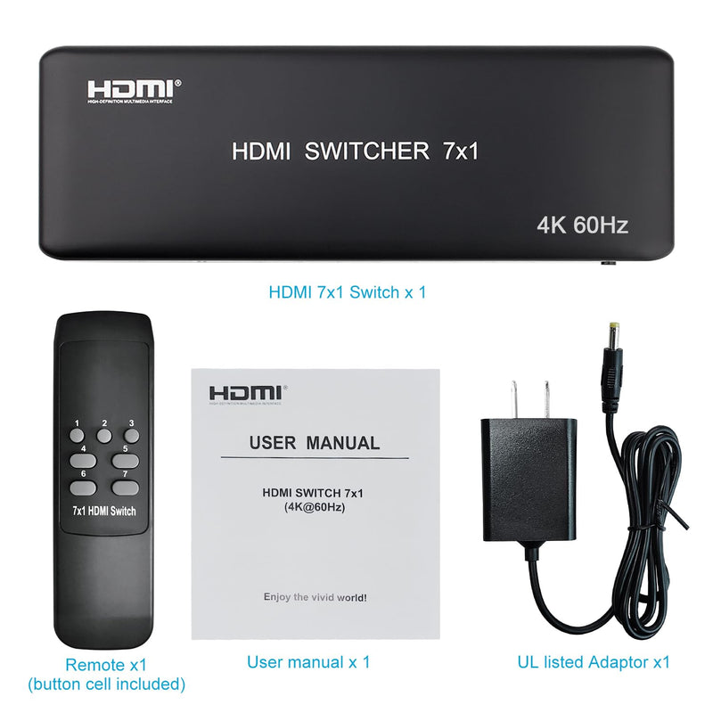 Univivi 7 Port HDMI Switch Version 2.0 4K@60Hz HDMI Switcher Support HDR & HDCP 2.2, Full HD/3D with IR Wireless Remote Control and Power Adapter HDMI 2.0 Switch - 7 port Black