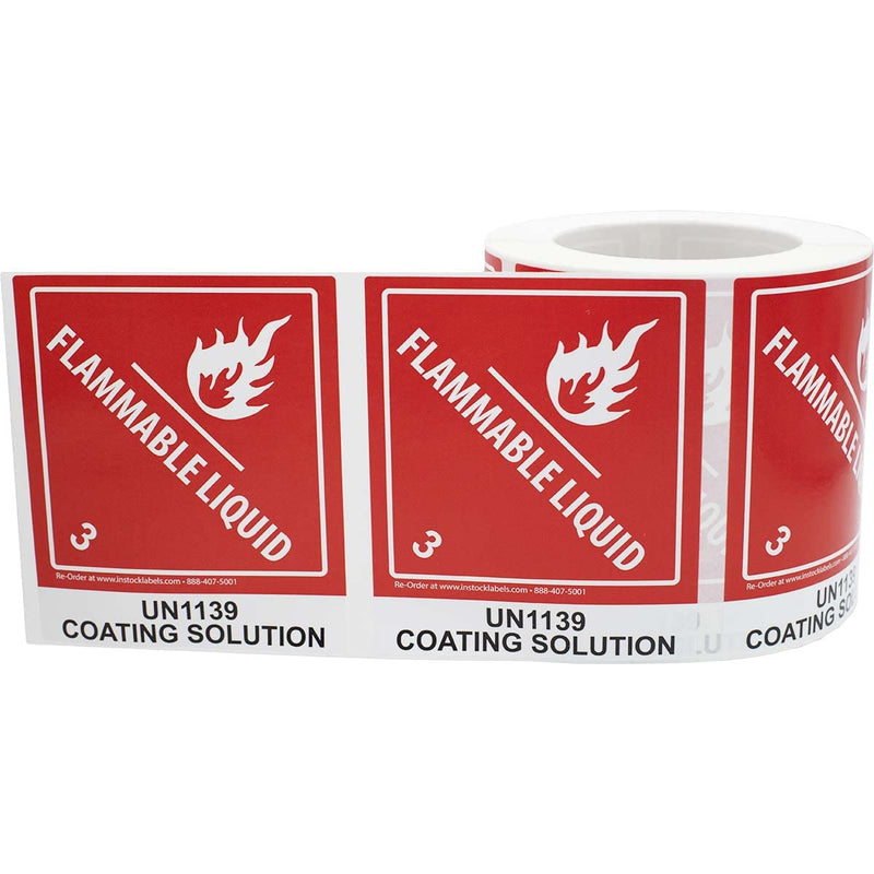 UN1139 Coating Solution Paint Flammable Liquid Hazard Class 3 Labels, 4 x 4.75 Inch Square Red and White D.O.T. Adhesive Stickers, 500 Total Labels on a Roll – Made in the USA