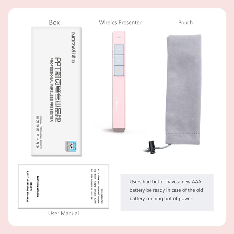 Norwii N26 Wireless Presentation Clicker, Presentation Remote, PowerPoint Clicker with Pointer for PowerPoint Presentations, Power Point Clicker Wireless Presenter Remote - Pink