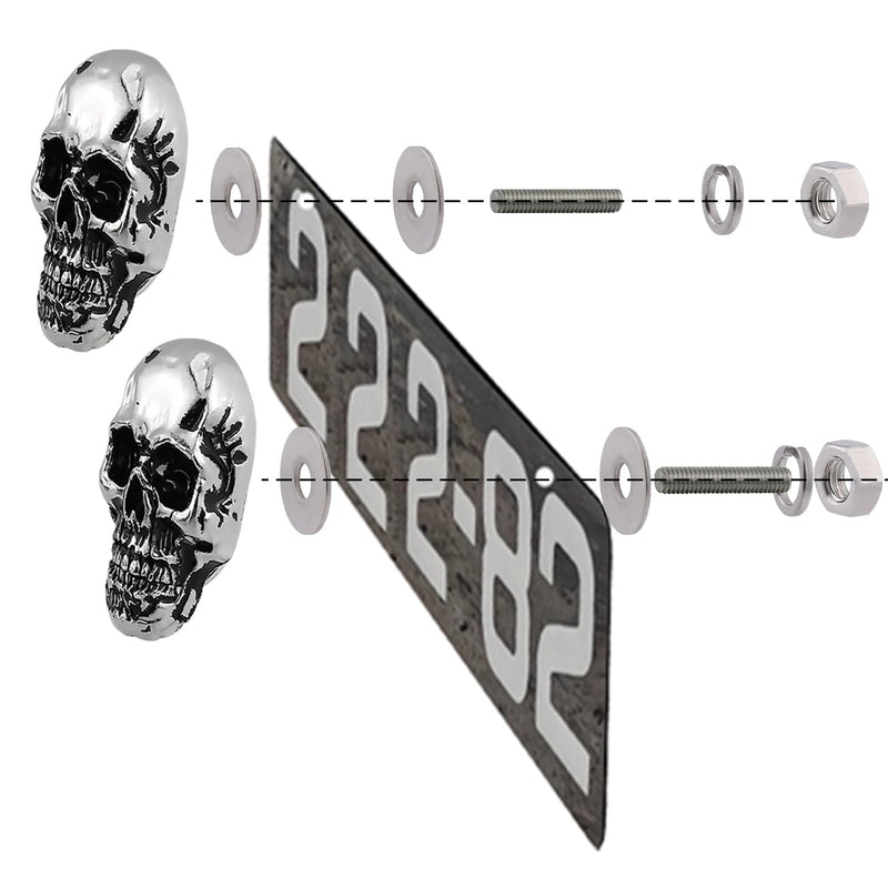 Skull License Plate Screw Fasteners Decorative Cool Funny License Plate Bolts License Plate Frame Kit 4 Pcs Aluminum Alloy Universal Fit Most Cars Truck Motorcycle Vehicle Silver