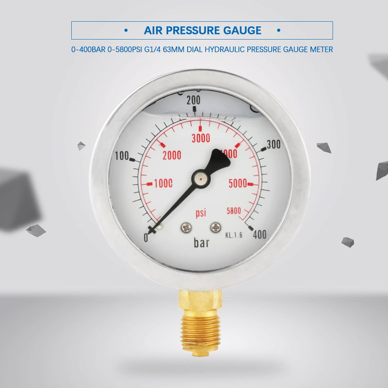 0-400BAR 0-5800PSI G1 / 4 63mm Dial Indicator Hydraulic Pressure Gauge High Precision REUSABLE PACKAGING socialme-eu